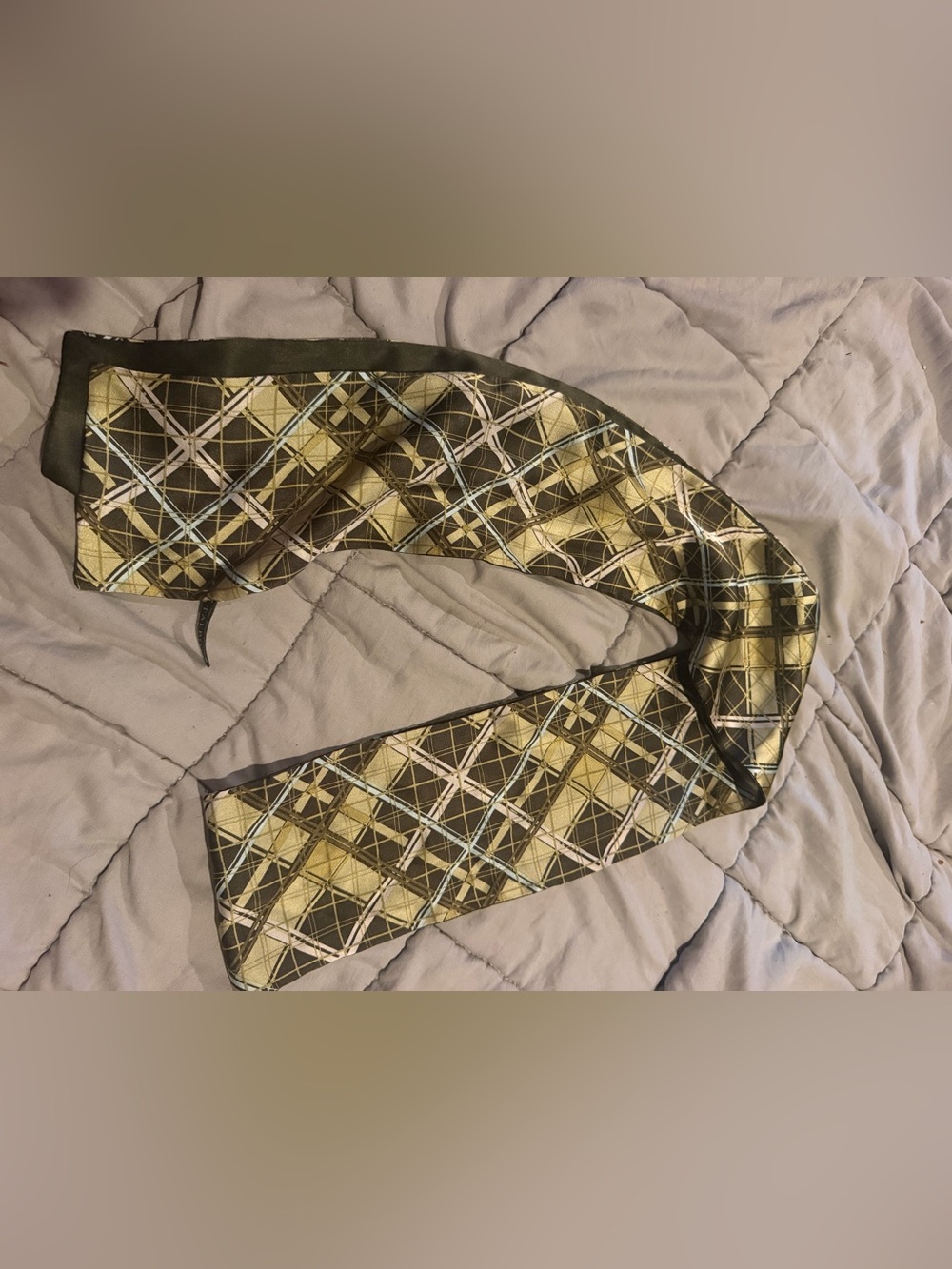 Talbots Geometric Plaid Silk Scarf in Olive, Gold and Cream